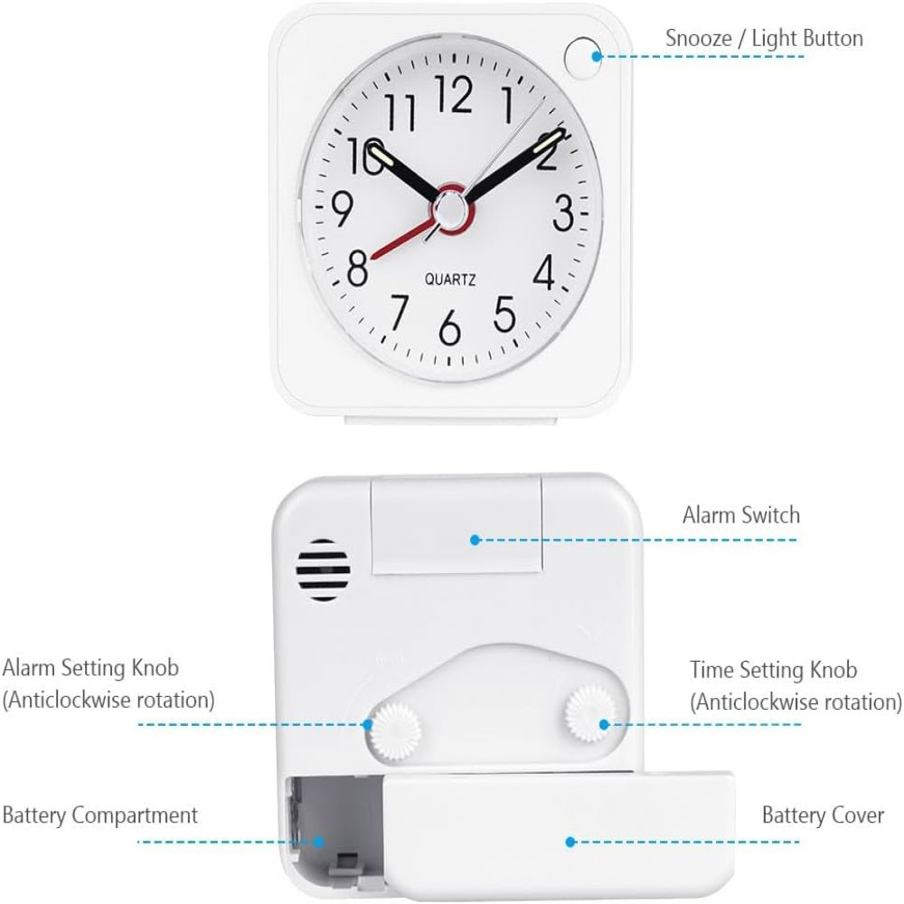 Ein weißer Wecker mit Snooze-Taste oben und Bedienelementen hinten.