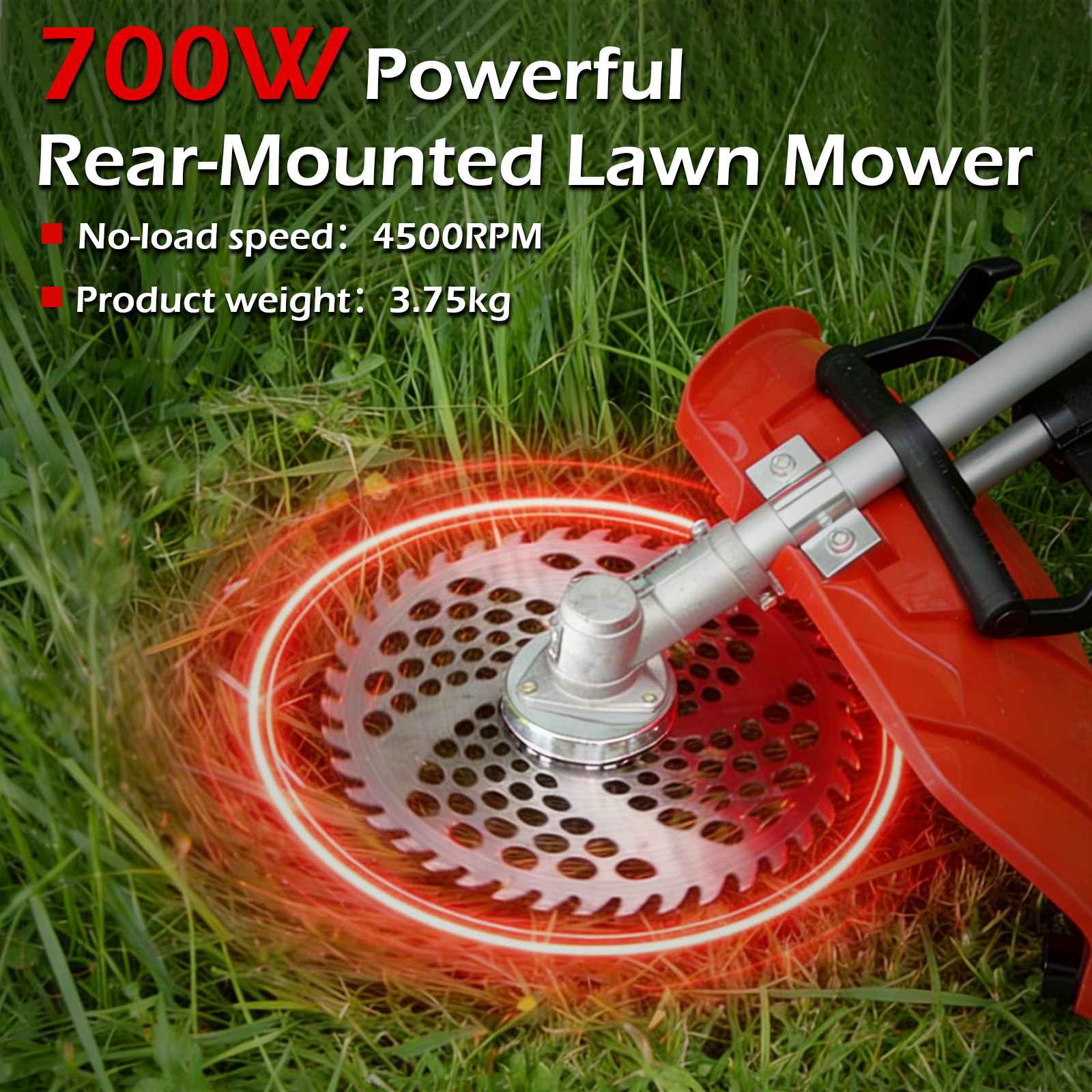 Leistungsstarker Heck-Rasenmäher mit 700 W, 4500 U/min und 3,75 kg Gewicht.