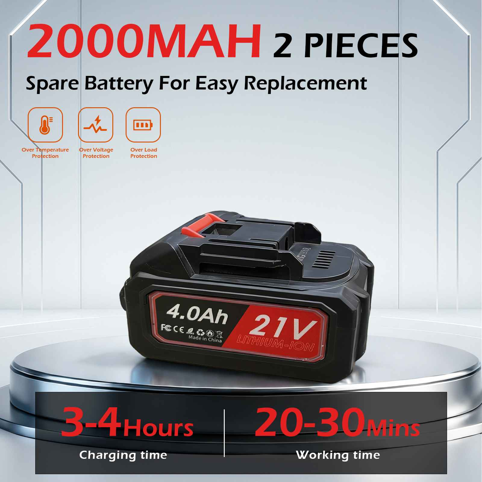 21V 4.0Ah Lithium-Ionen-Ersatzakku mit Überlastschutz, 3-4 Std. Ladezeit.