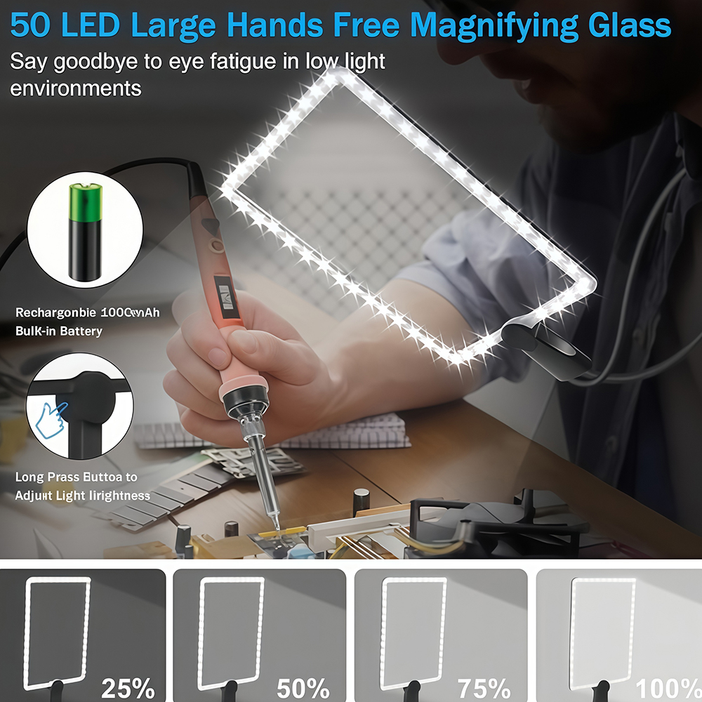 Ein Mann lötet mit einer LED-Lupe, die mit einer Batterie betrieben wird. Helligkeitsstufen.