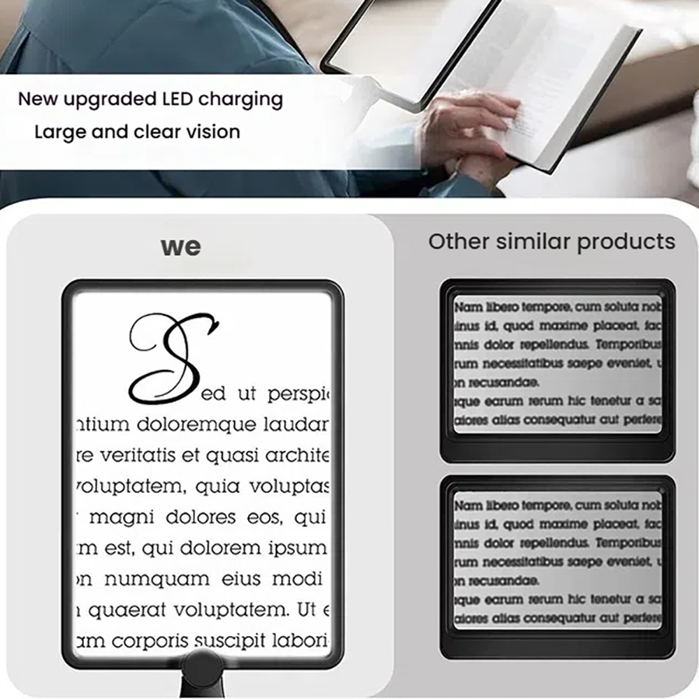Ein Mann liest ein Buch, daneben ein Vergrößerungsglas auf einem E-Reader.