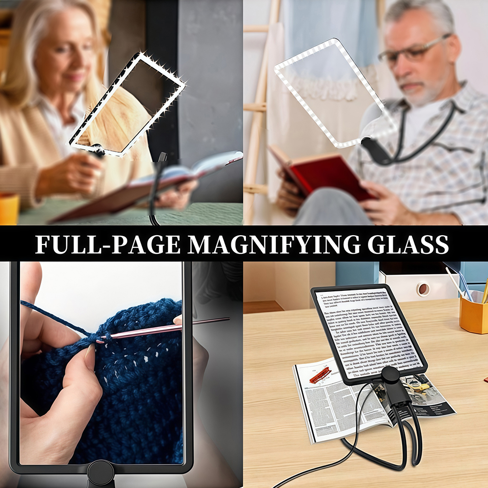 Vier Szenen zeigen eine Lesebrille mit LED-Licht, die über Büchern und beim Häkeln verwendet wird.