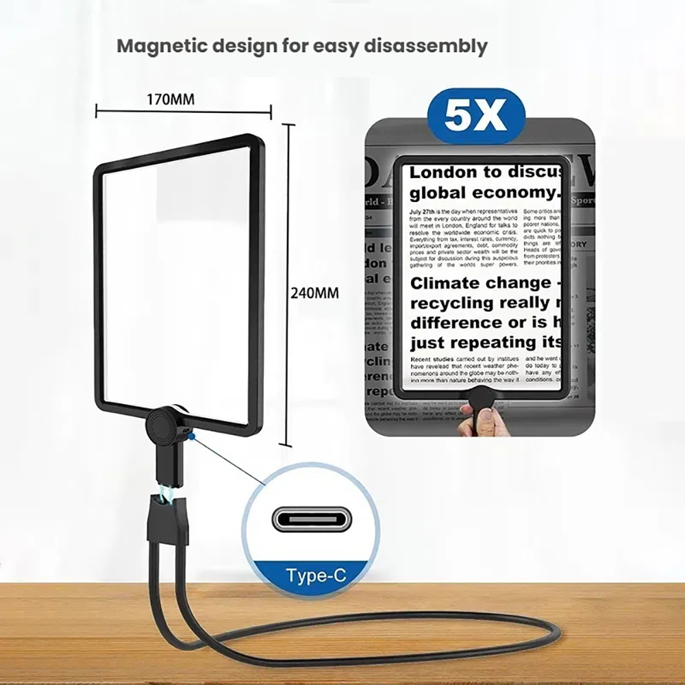 Vergrößerungsglas mit 5x Vergrößerung und USB-C-Anschluss, 170x240mm.
