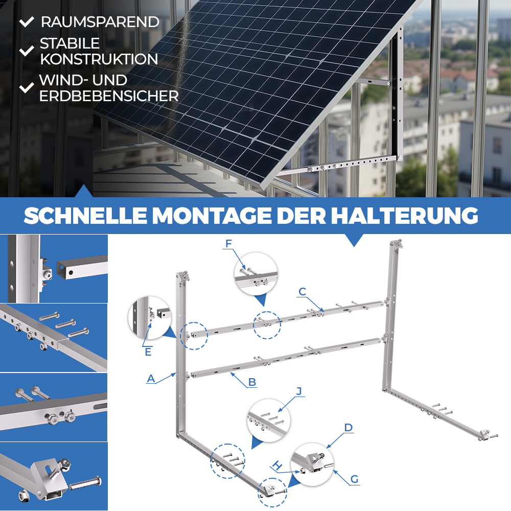 Montageanleitung für eine Solarpanel-Halterung mit detaillierten Schritten und Beschriftungen.