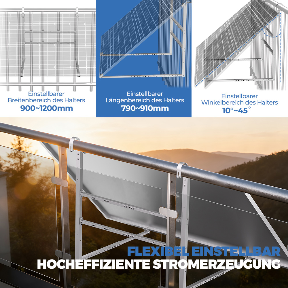 Grafik zeigt einstellbare Halter für Solarpanels: Breite, Länge, Winkel. Unten: Montage an Balkon.