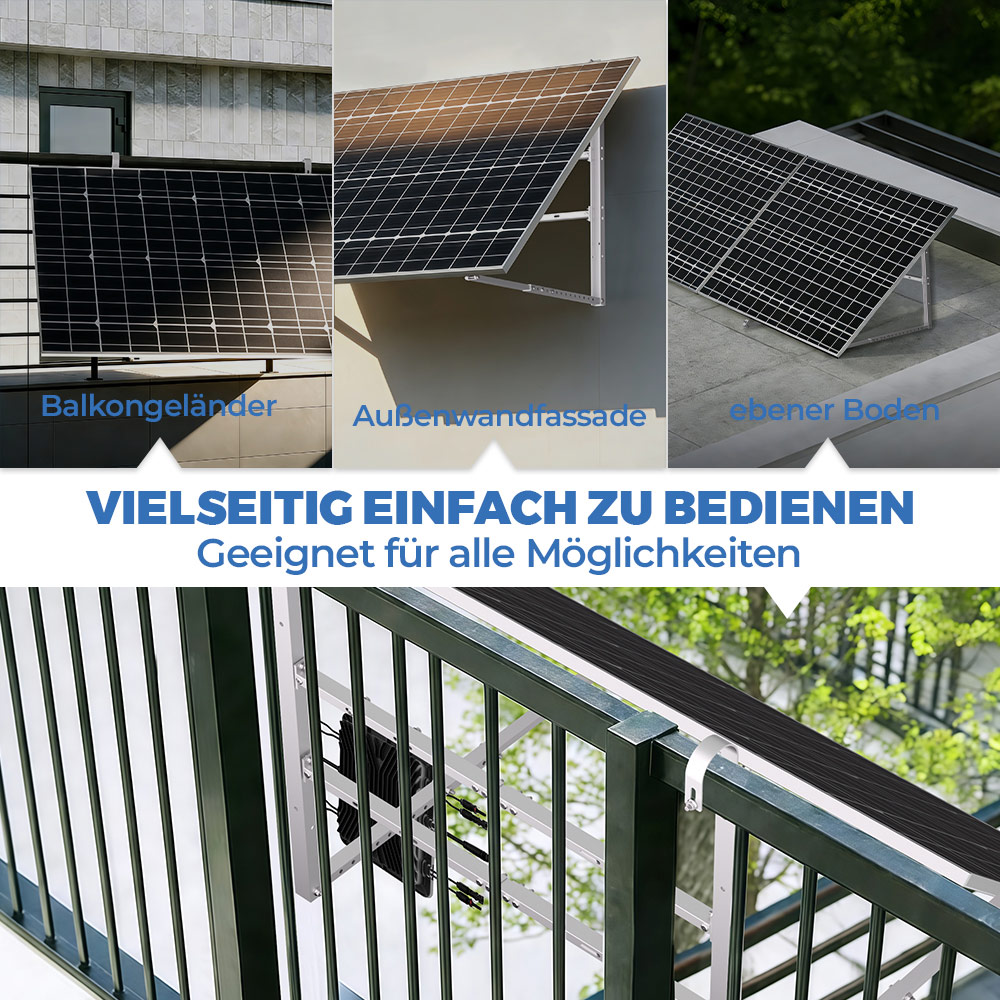 Drei Solarpaneele, eines an einem Balkongeländer, eines an einer Fassade und eines auf ebenem Boden, demonstrieren Vielseitigkeit.