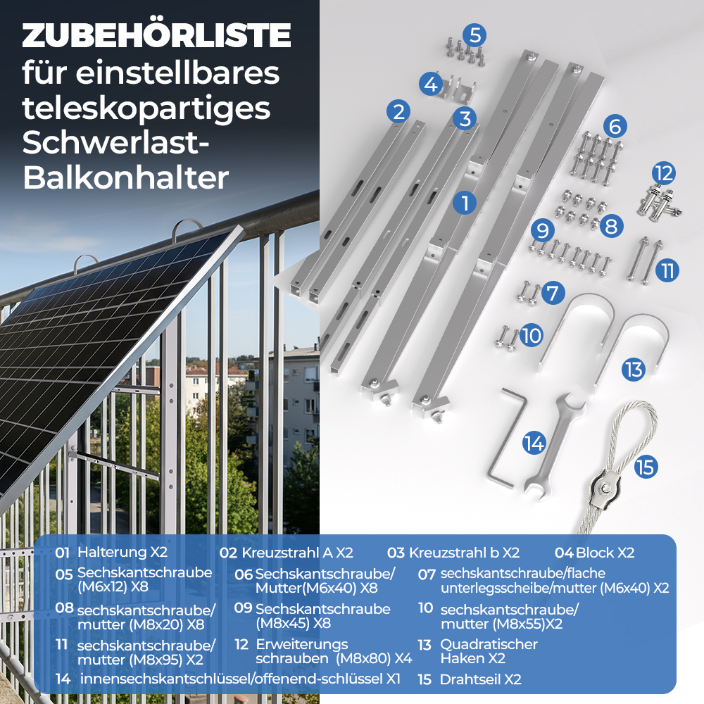 Zubehörliste für Balkonhalter mit Teilen und Anleitung.