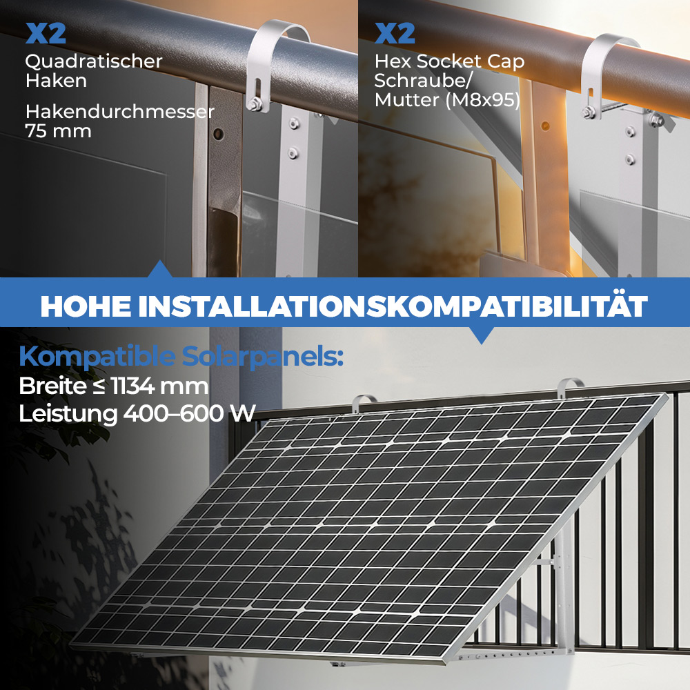 Haken und Schrauben für Solarpaneele. Kompatible Paneele: Breite ≤ 1134 mm, Leistung 400-600 W.