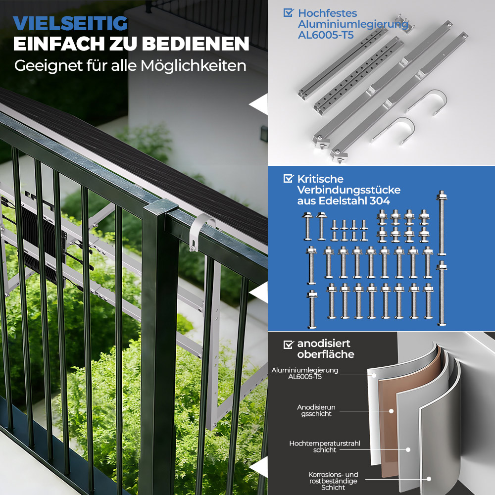 Ein Balkongeländer aus Aluminium mit Befestigungsteilen und Schichtenaufbau.