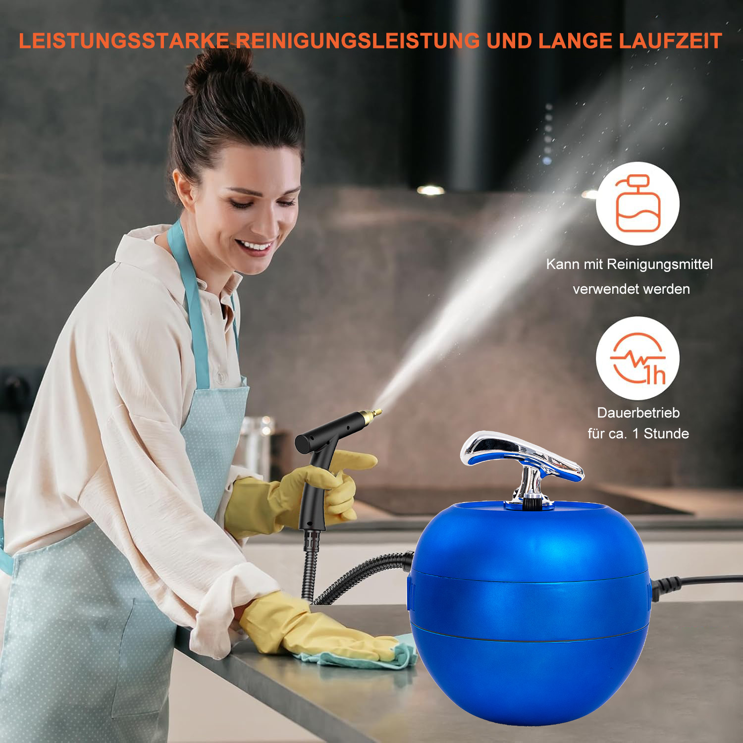 Frau reinigt mit Dampfreiniger. Kann mit Reinigungsmittel und für 1 Stunde genutzt werden.