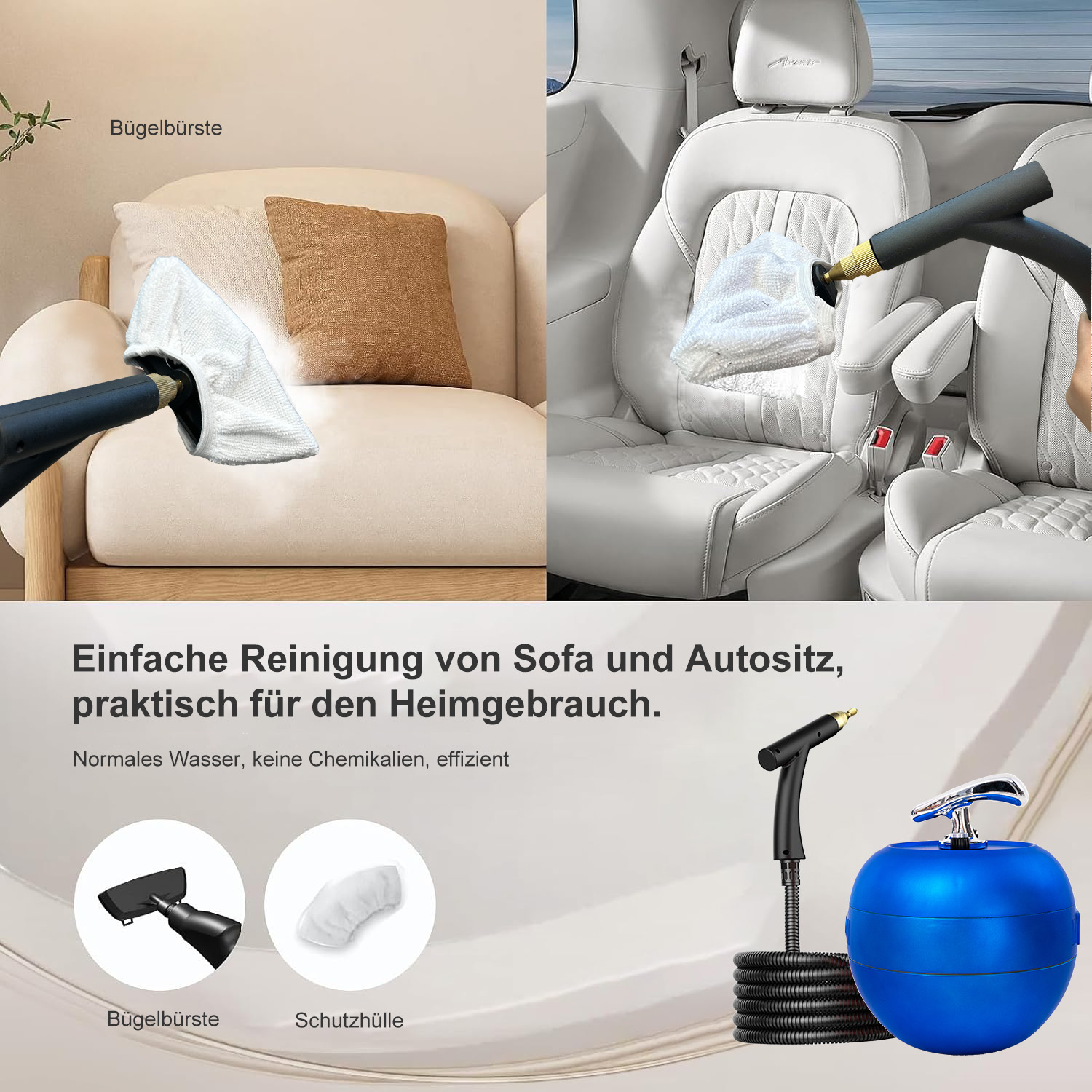 Dampfreiniger reinigt Sofa und Autositz mit Bürste und Hülle.