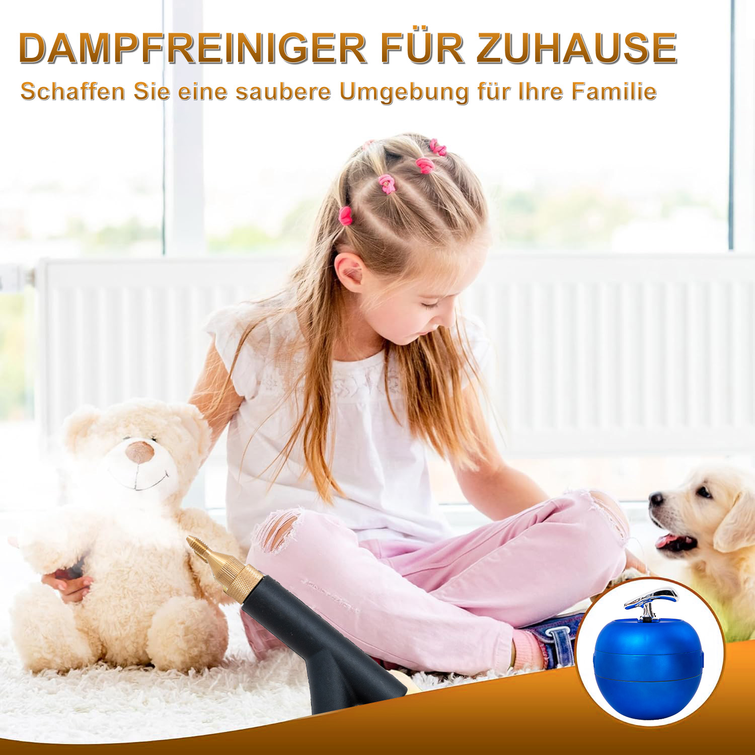 Ein Mädchen sitzt mit einem Teddy und einem Hund neben einem Dampfreiniger.