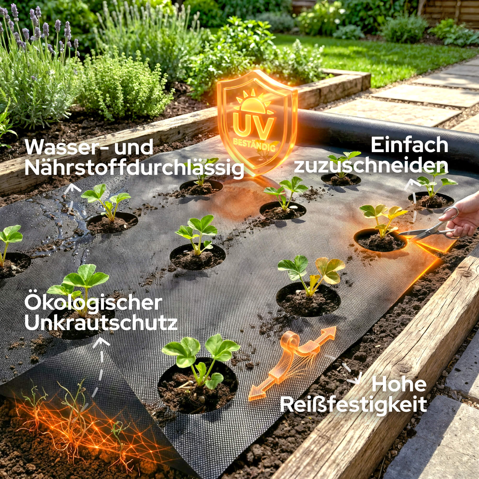 Bodenplane mit Erdbeeren, UV-Schutz-Symbol und Beschriftungen.