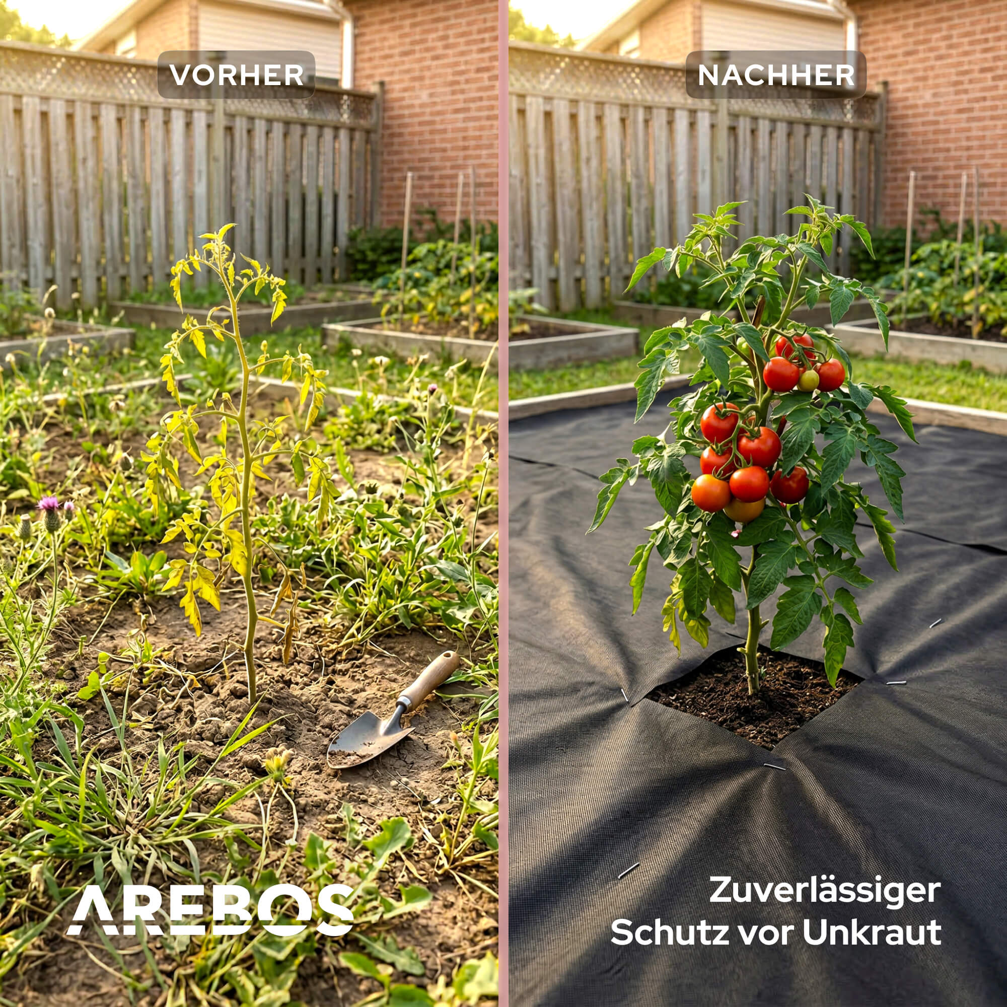 Vorher: Verwelkte Pflanze. Nachher: Grüne Tomatenpflanze mit reifen Tomaten auf schwarzem Unkrautschutz.