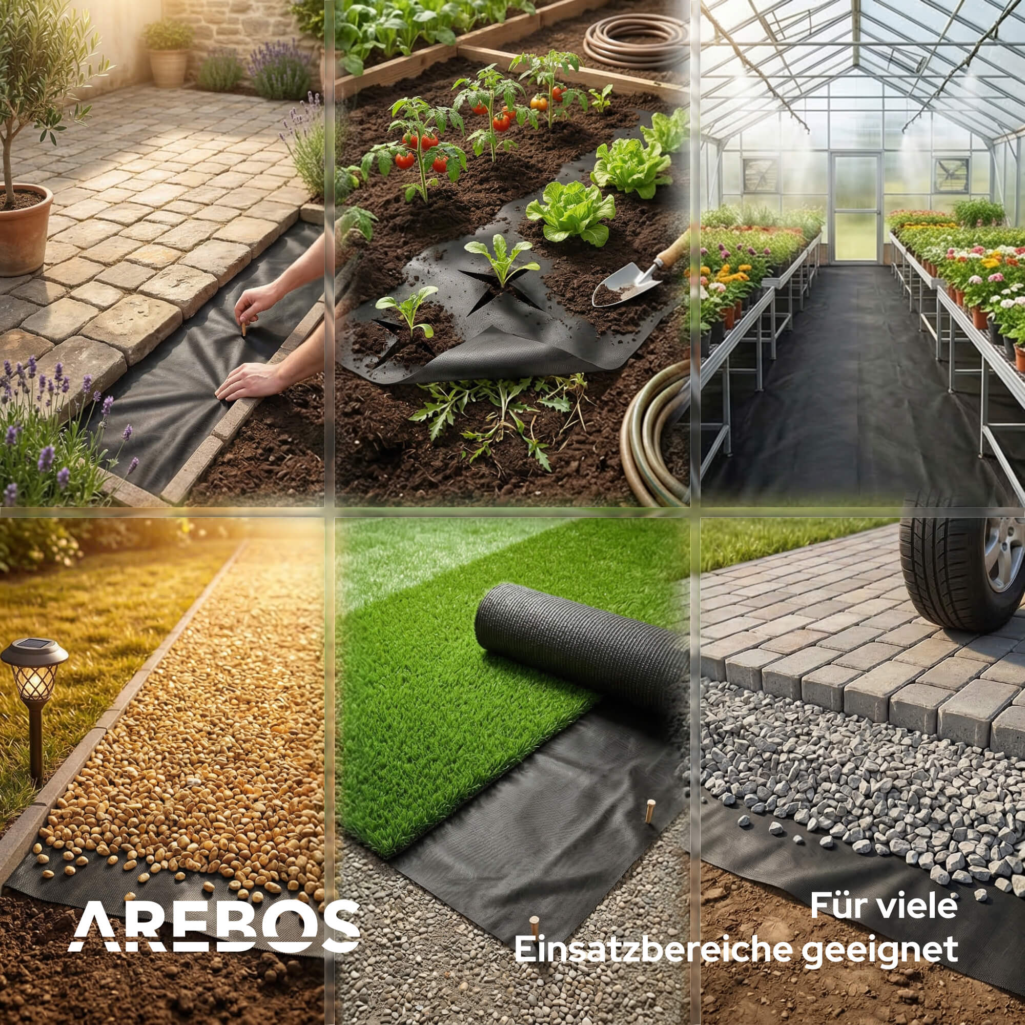 Gartenbau: Wege, Gewächshaus, Rasen, Hofbefestigung mit Unkrautvlies.