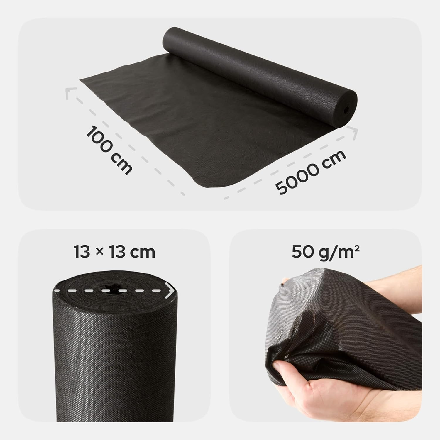 Schwarzes Vliesmaterial aufgerollt, Maße 100x5000 cm, Kern 13x13 cm, 50 g/m².