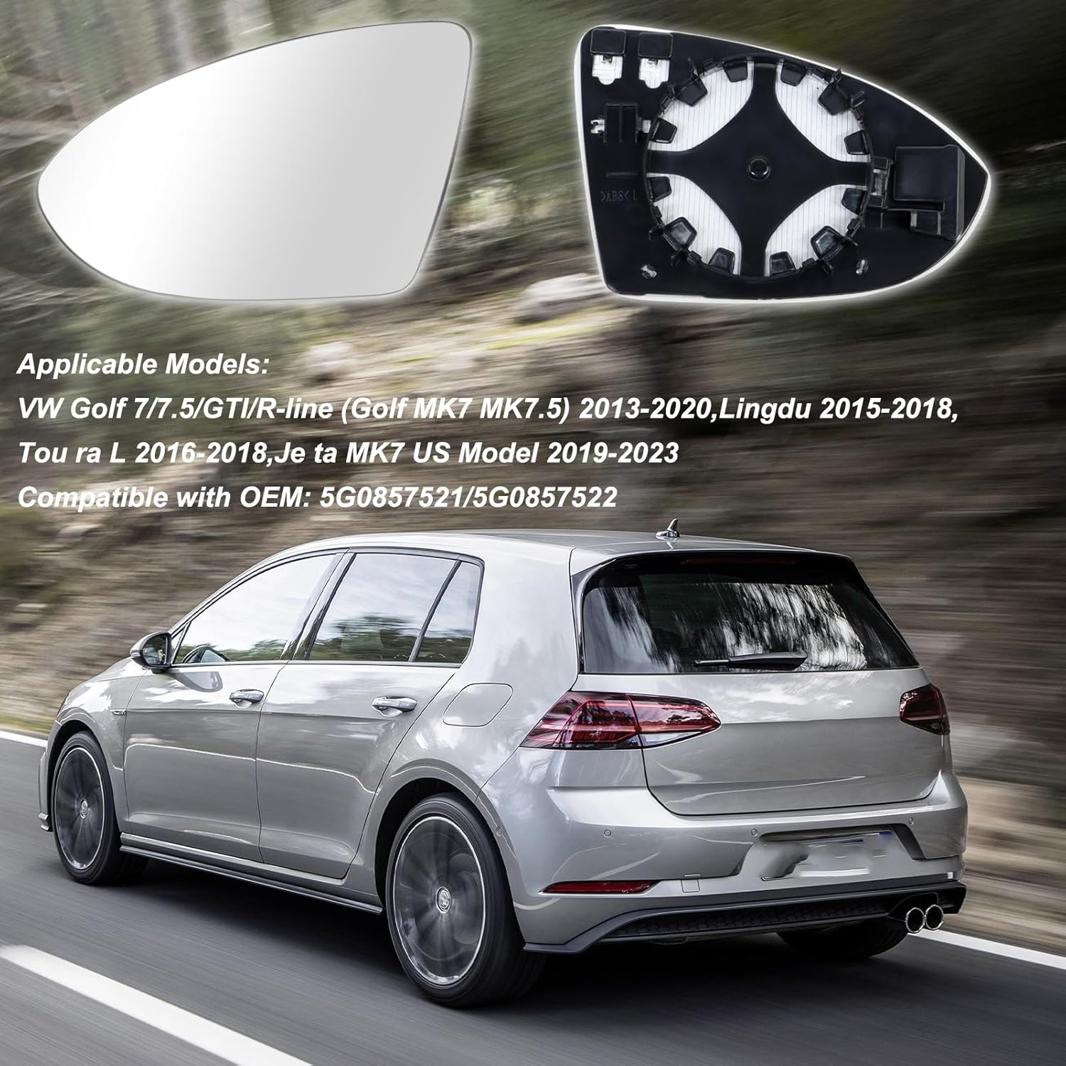 Seitenansicht eines silbernen VW Golfs, der auf einer Straße fährt. Beinhaltet Nahaufnahmen von Spiegelgläsern.