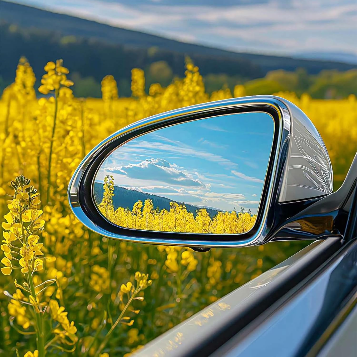 Ein Rückspiegel reflektiert eine Rapsblütenlandschaft mit blauen Himmel.