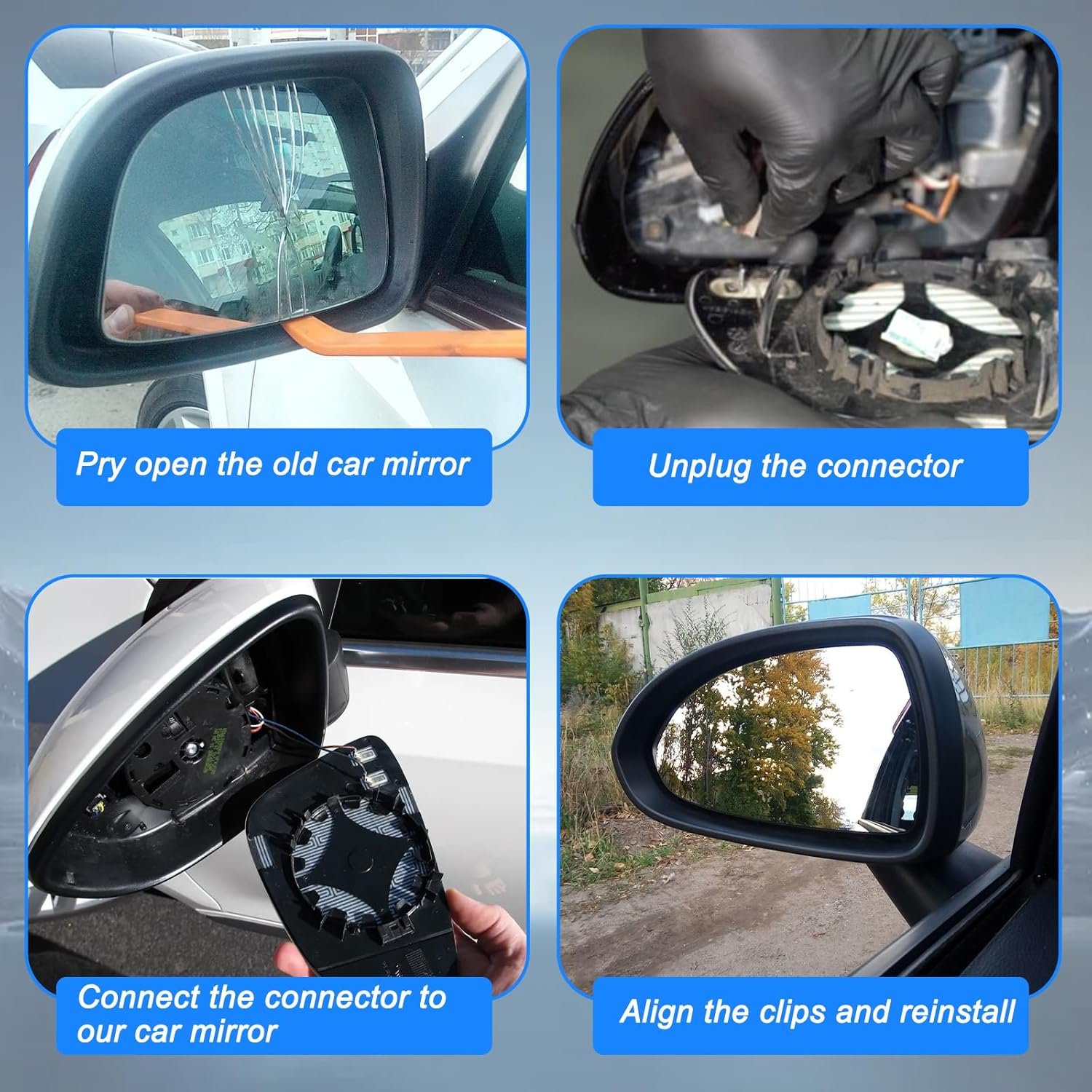 Schritt-für-Schritt-Anleitung zum Ersetzen eines Autospiegels: alt entfernen, Stecker ziehen, neu verbinden, neu installieren.