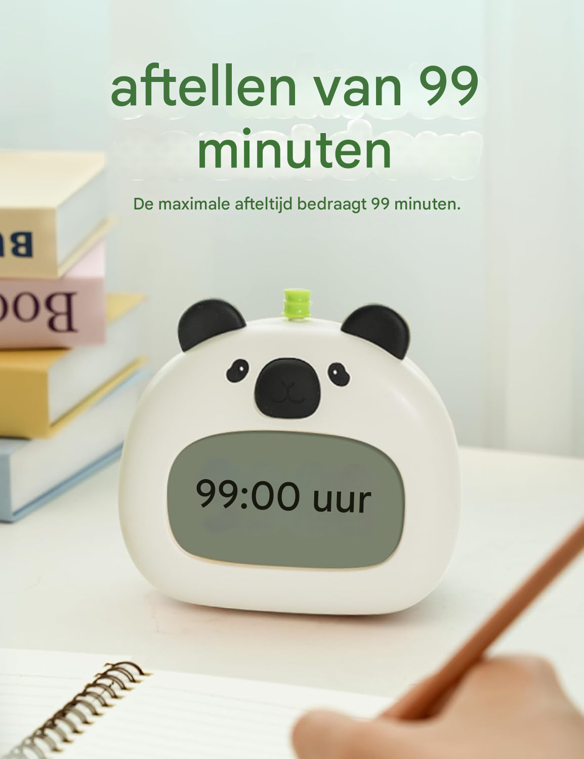 Ein Panda-Timer zeigt 99:00 an. Bücher sind links, ein Stift rechts.