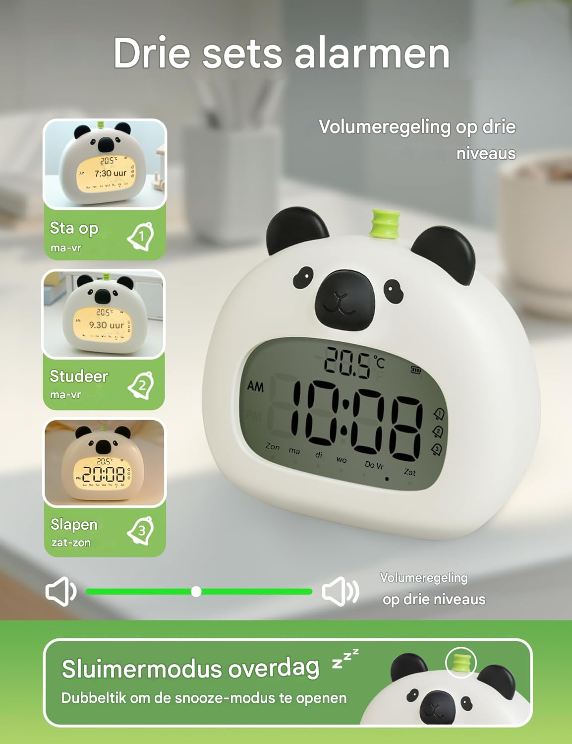 Ein Panda-Wecker mit drei Alarmsets und Lautstärkeregelung.