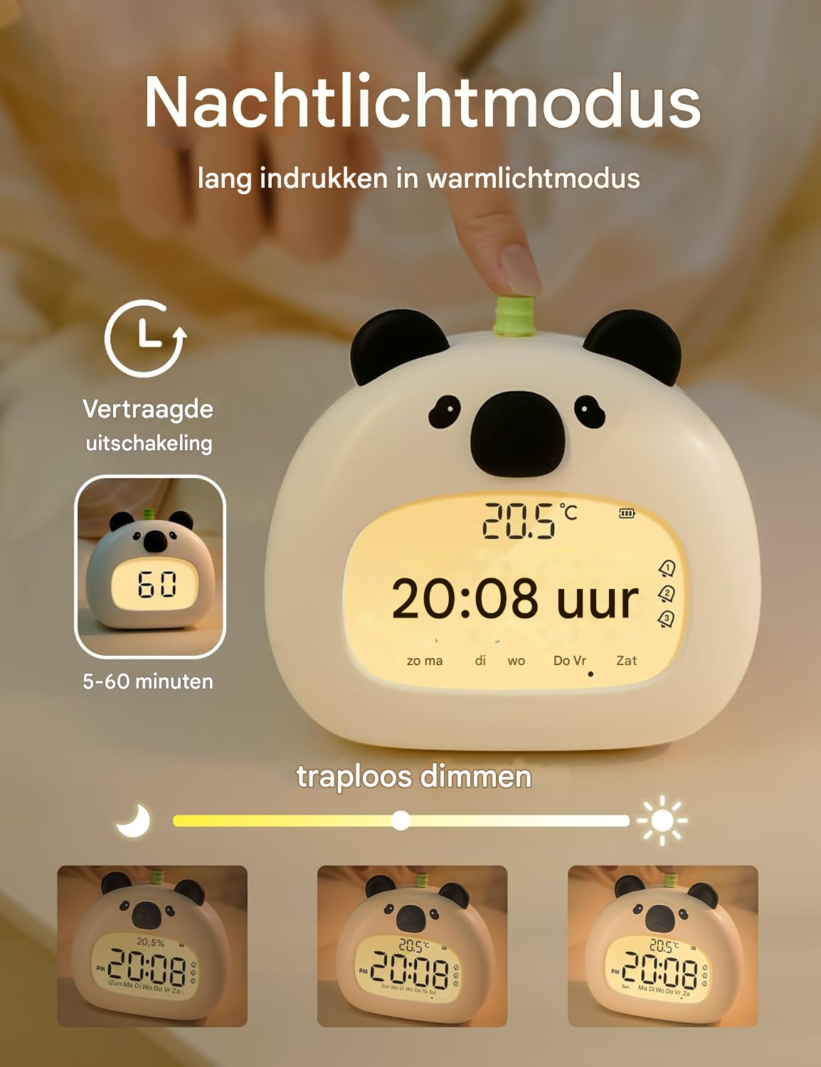 Ein Panda-Nachtlicht-Wecker mit Zeit, Temperatur und Einstellungen.