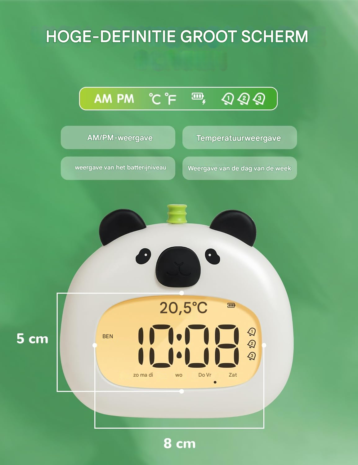 Ein Panda-Wecker mit Digitalanzeige zeigt 10:08 Uhr und 20,5°C an.