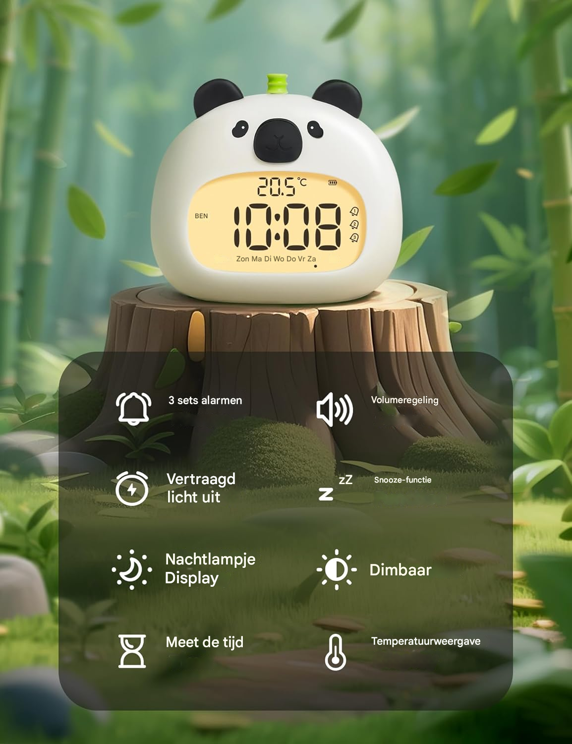 Ein Panda-Wecker auf einem Baumstumpf mit Bambus im Hintergrund. Zeigt 10:08 Uhr.