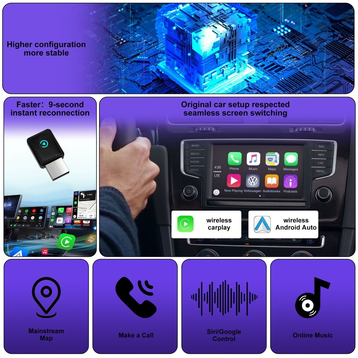 System infotainment samochodu z bezprzewodowym CarPlay/Android Auto i funkcjami.