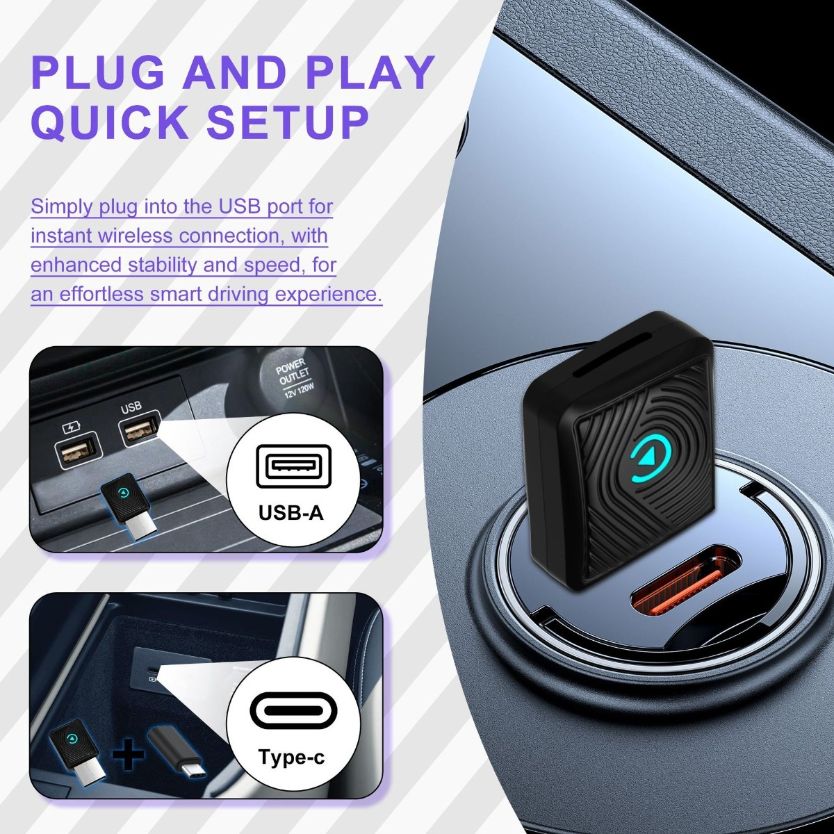 Czarny adapter USB w gnieździe samochodowym z podświetlanym logo. Po lewej porty USB-A i Type-C.