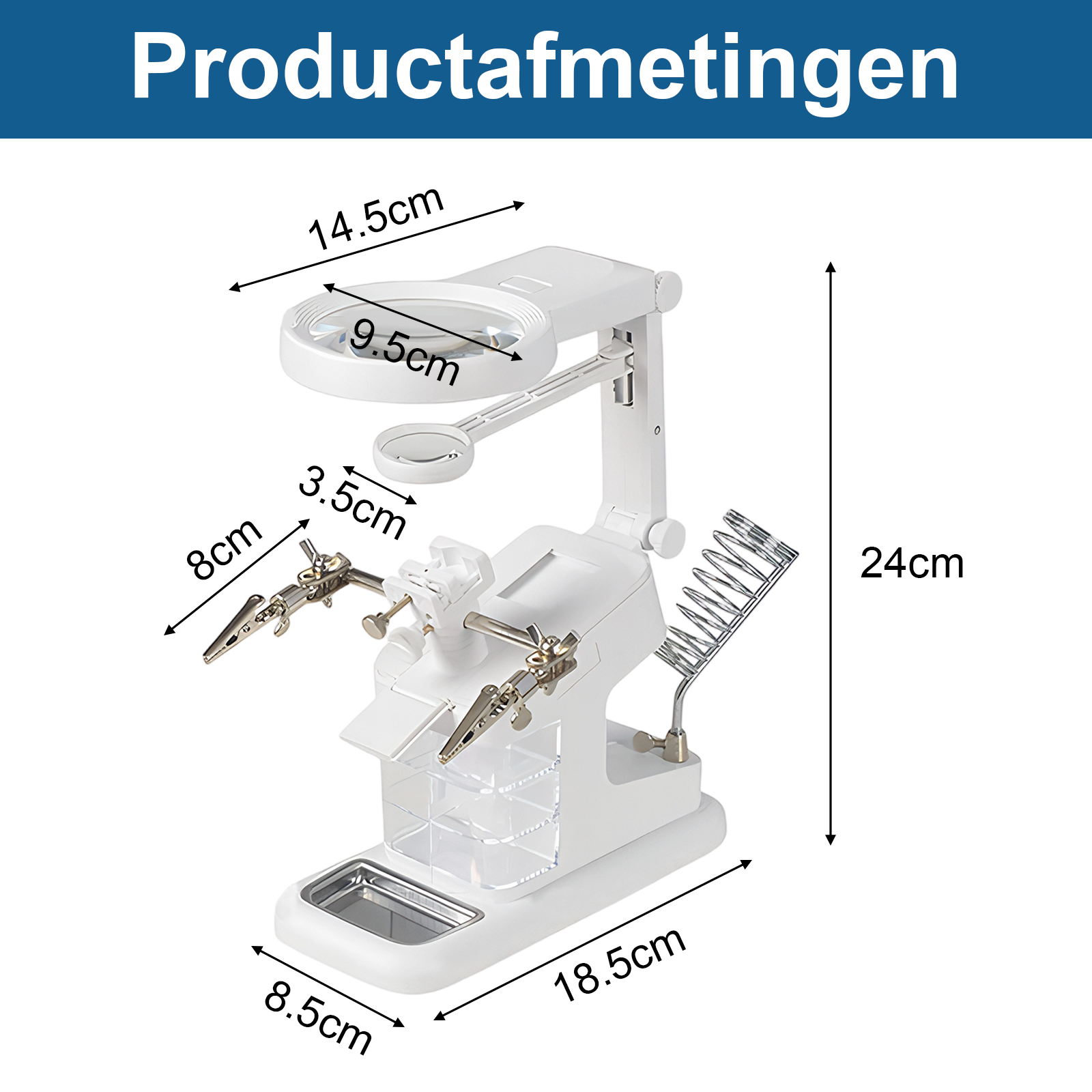 Weiße Lötlupe mit Klemmen und Maßen: 24cm hoch, 18,5cm breit.