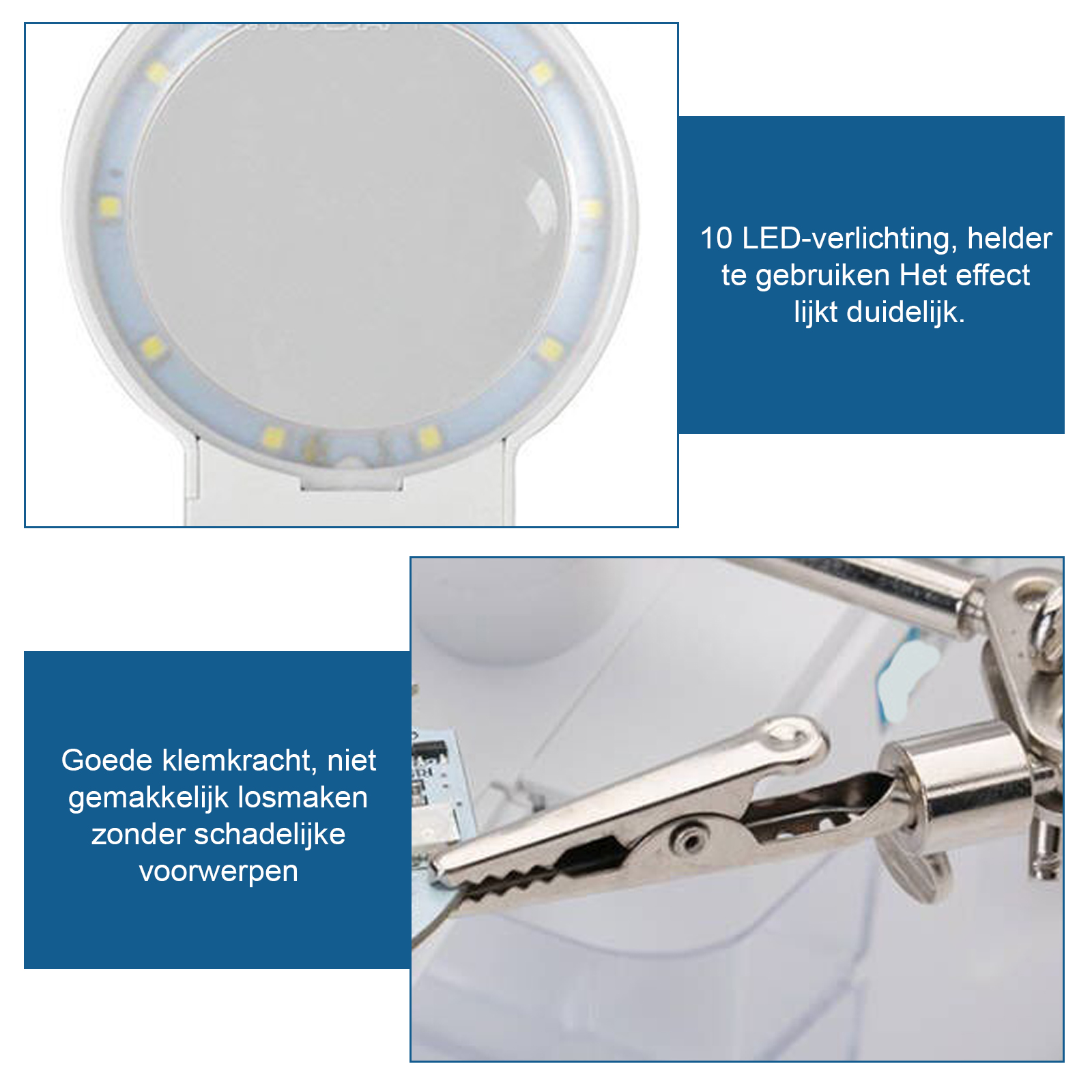 Lupe mit 10 LEDs und Klemmen für Elektronikarbeiten. Starker Griff.