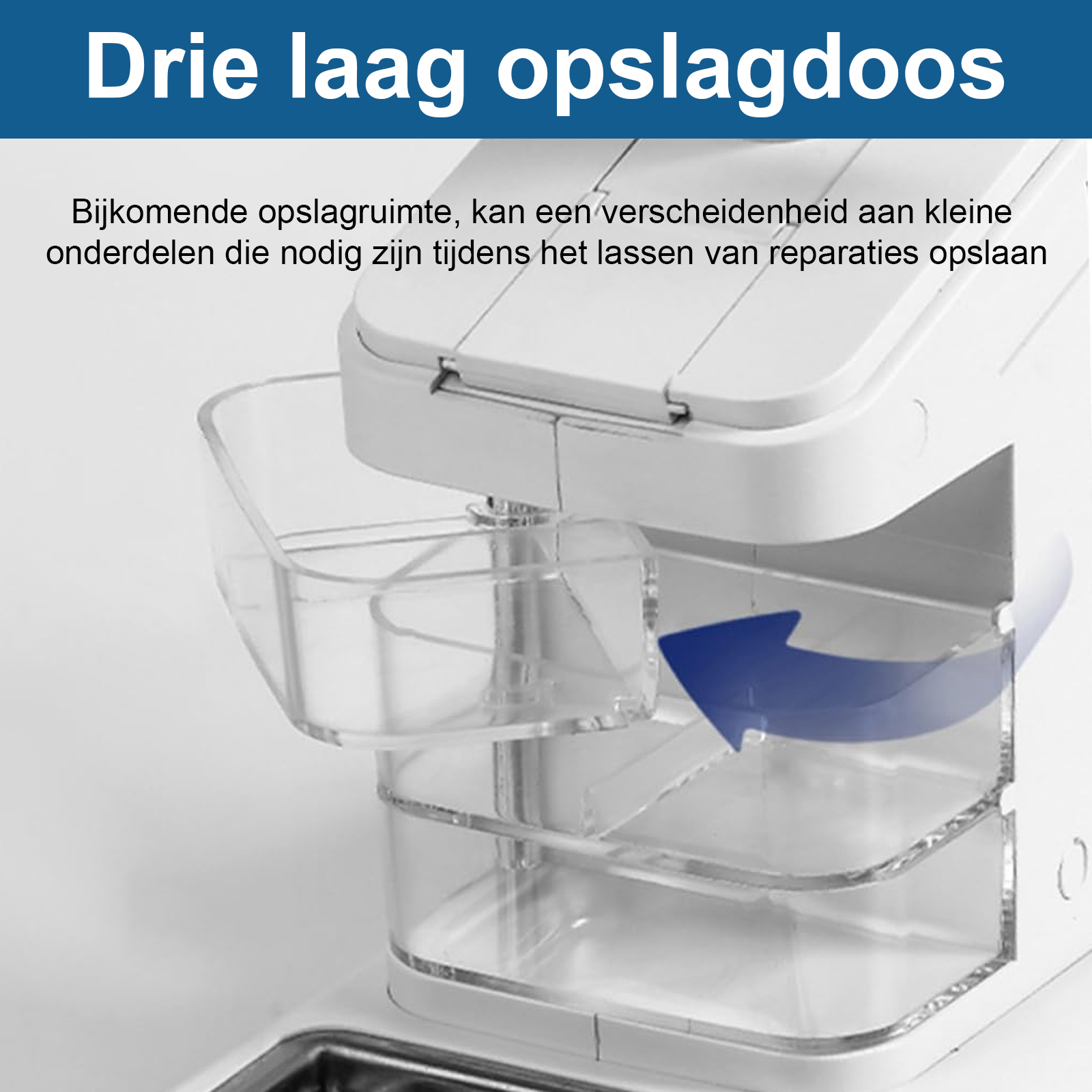 Ein dreistufiger Aufbewahrungsbehälter aus transparentem Kunststoff mit einem blauen Pfeil.