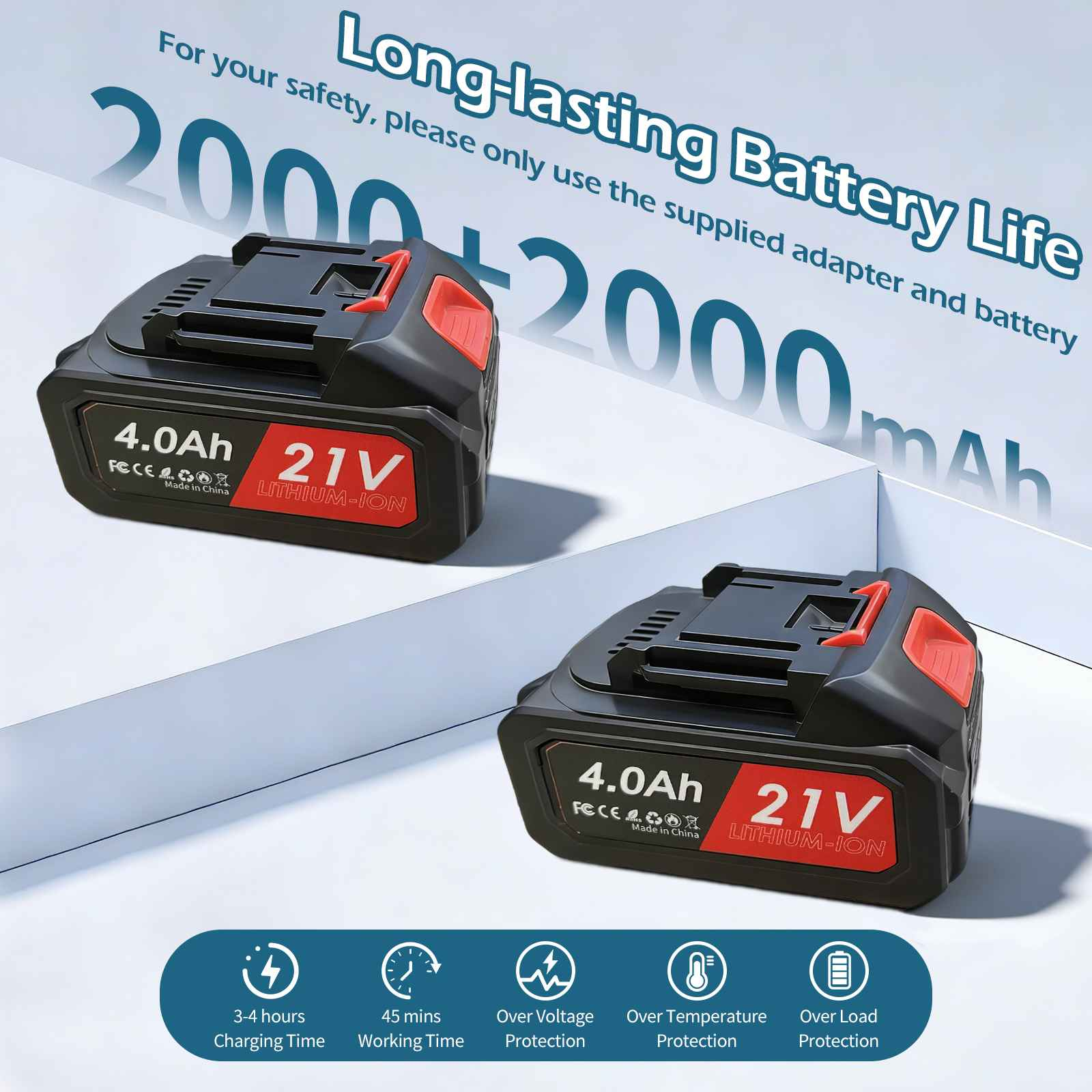 Zwei schwarze 21V 4.0Ah Lithium-Ionen-Akkus mit roten Akzenten.