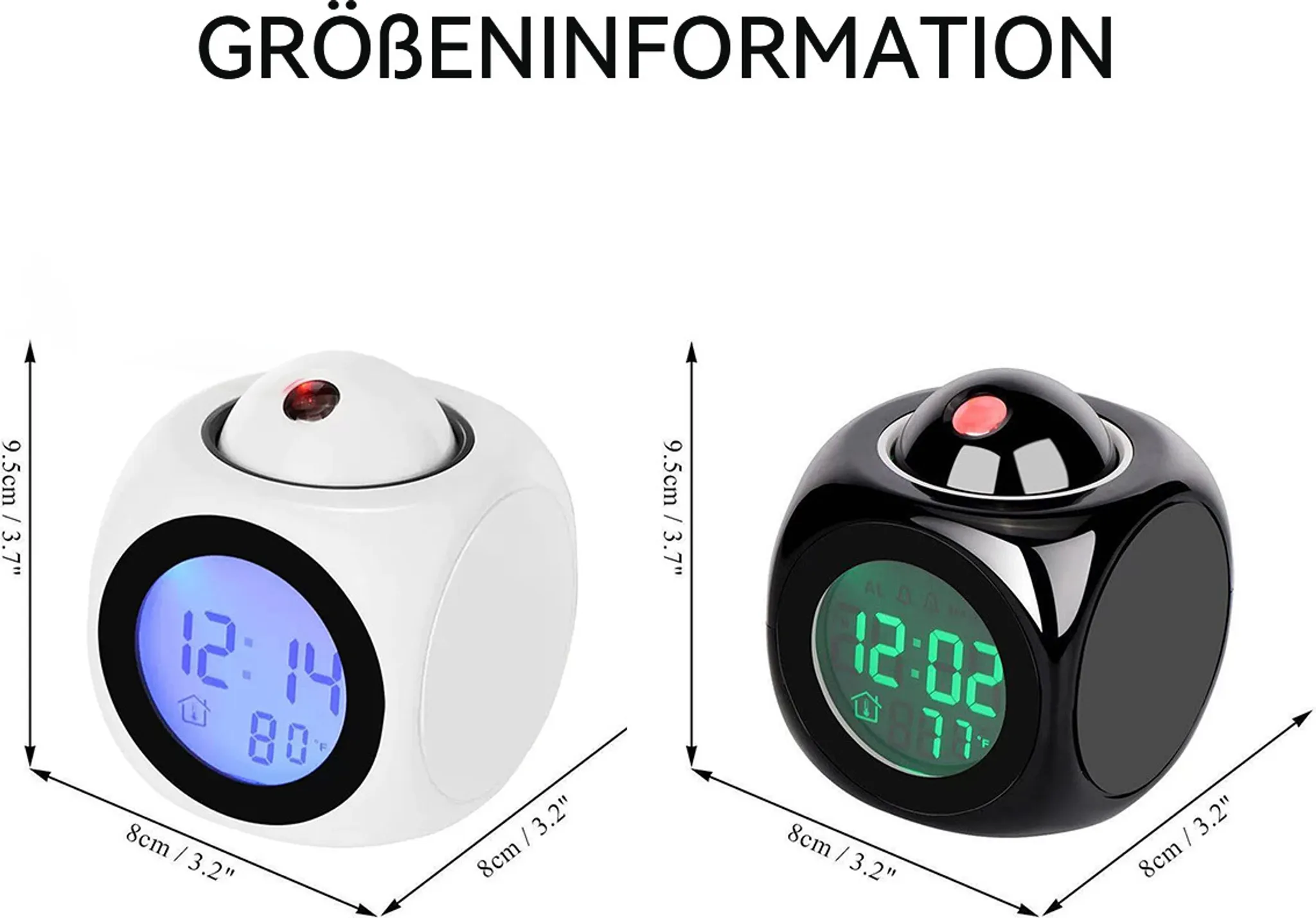 Zwei Würfel-Projektionswecker, weiß und schwarz, mit digitalen Anzeigen.