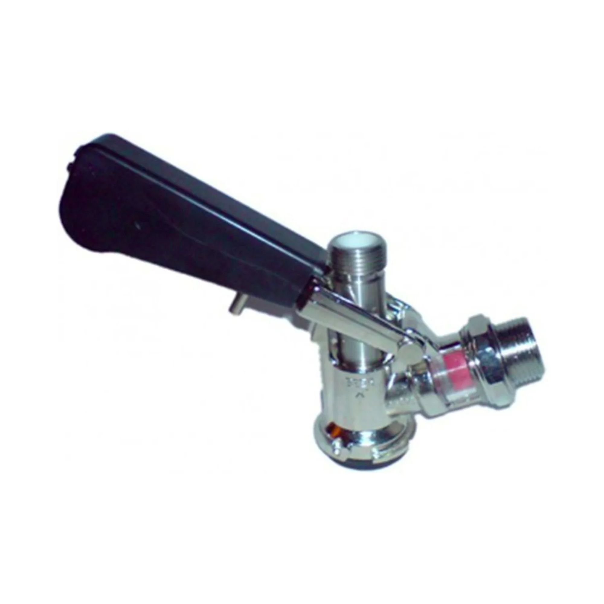 Een metalen biertap met een zwarte hendel en een rood kijkglas.