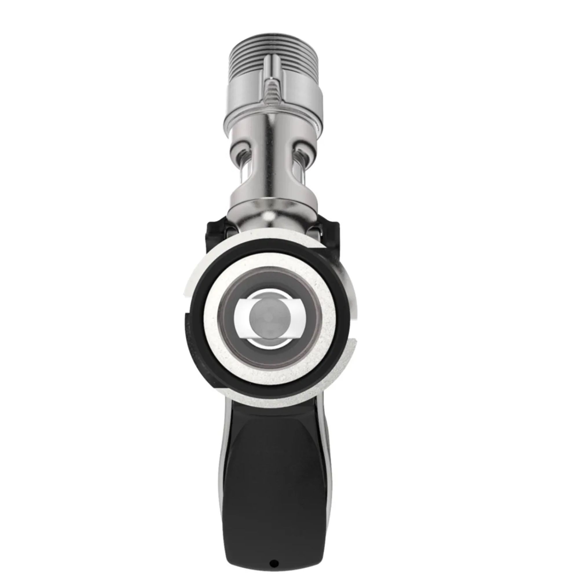 A silver beer tap with a black handle, close-up.