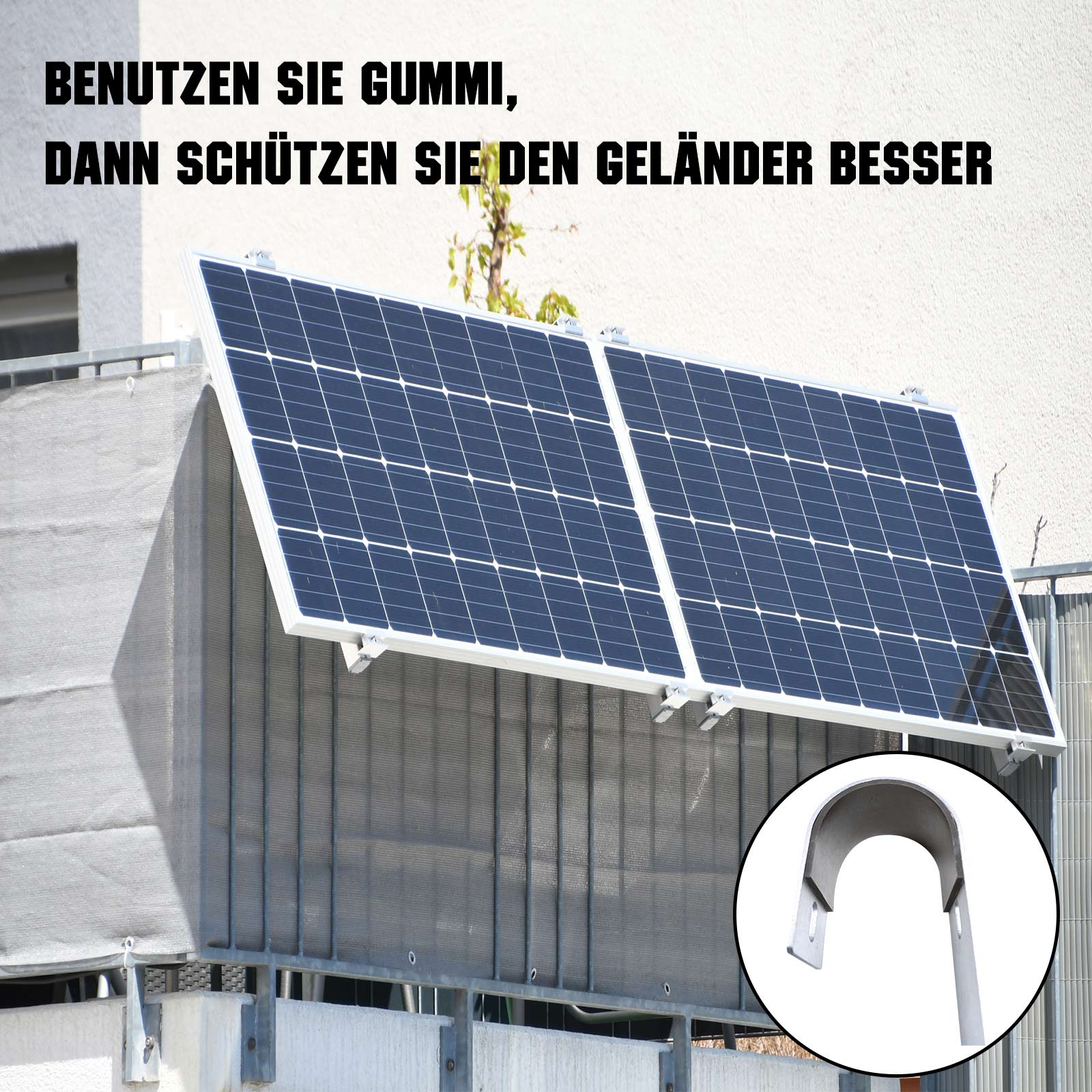 Zwei Solarmodule auf einem Balkongeländer, mit einem Detailbild einer Halterung.