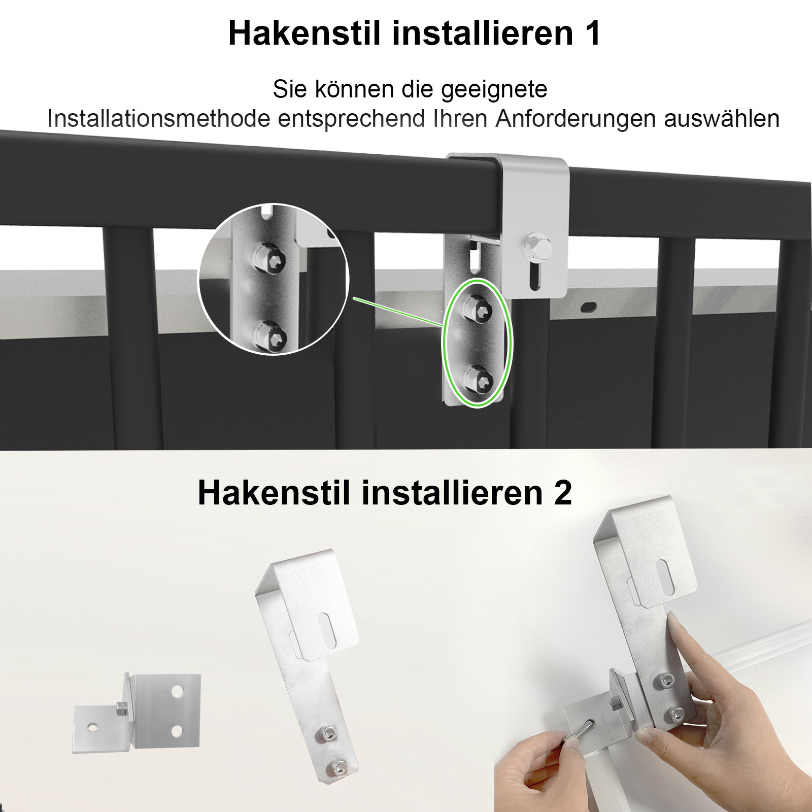 Montage von Hakenstil: Nahaufnahme einer Halterung an einem Geländer und Montage im unteren Bild.