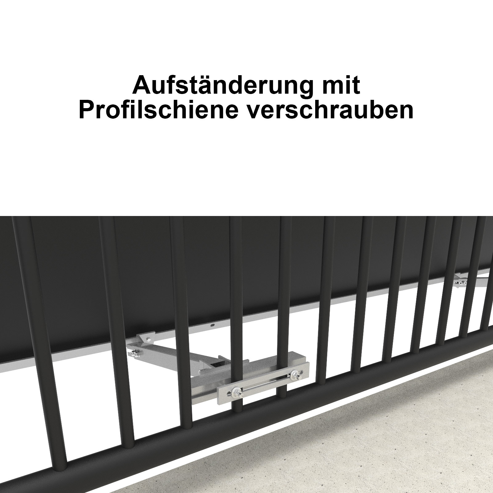 Schwarze vertikale Stäbe mit Metallhalterungen, die an einer Schiene befestigt sind.