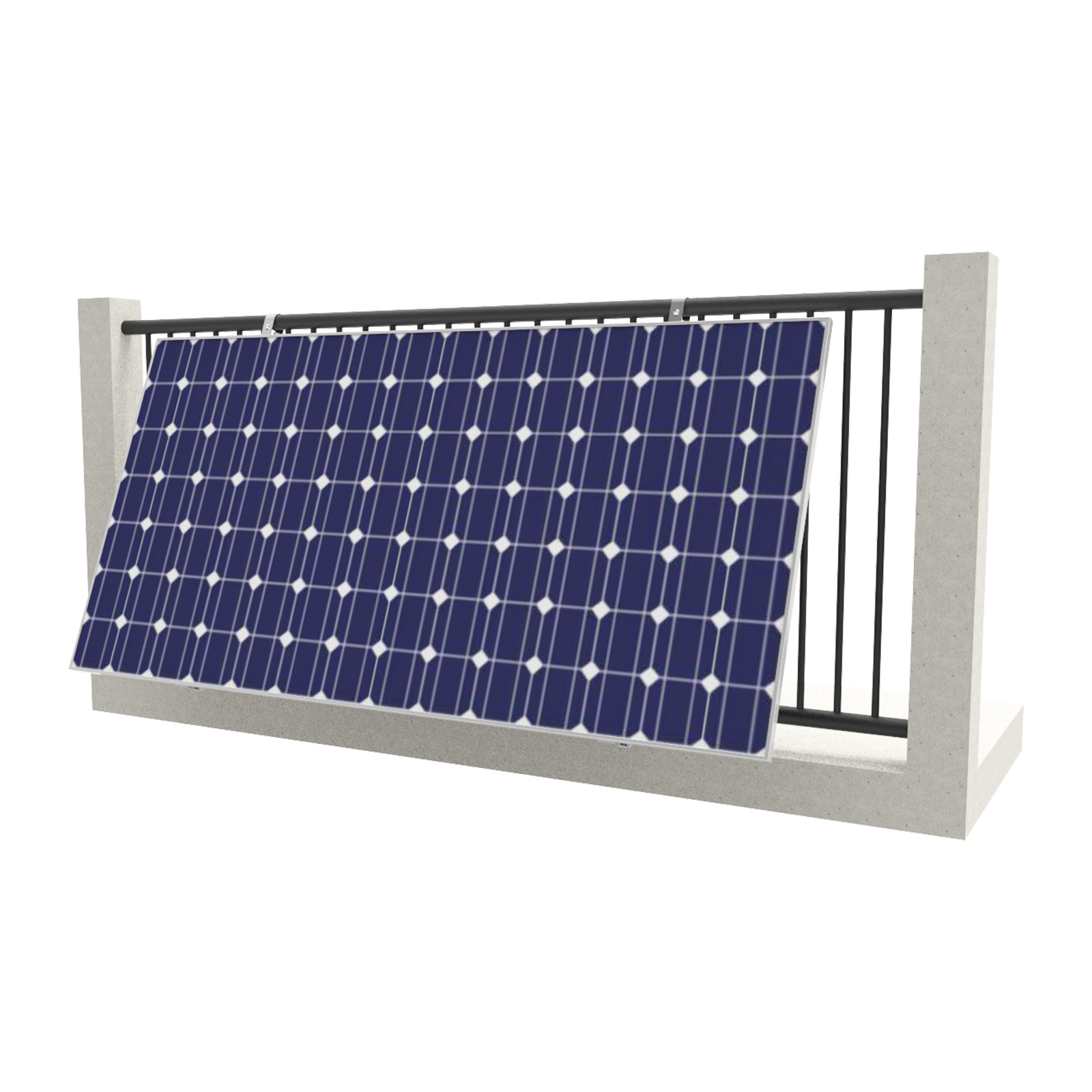 Ein blaues Solarpanel, befestigt an einem Zaunpfosten aus Beton und schwarzem Metall.