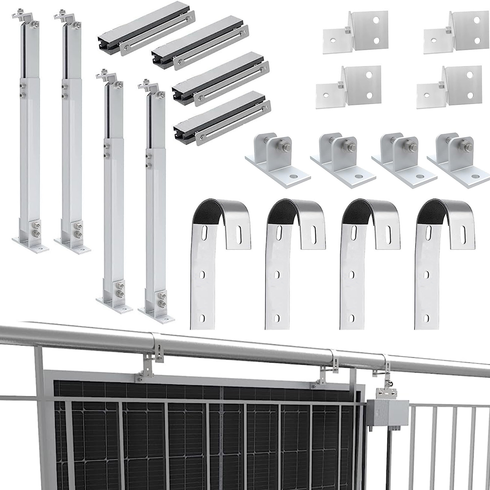 Montagesatz für Solarmodule mit Schienen, Winkeln und Klemmen.