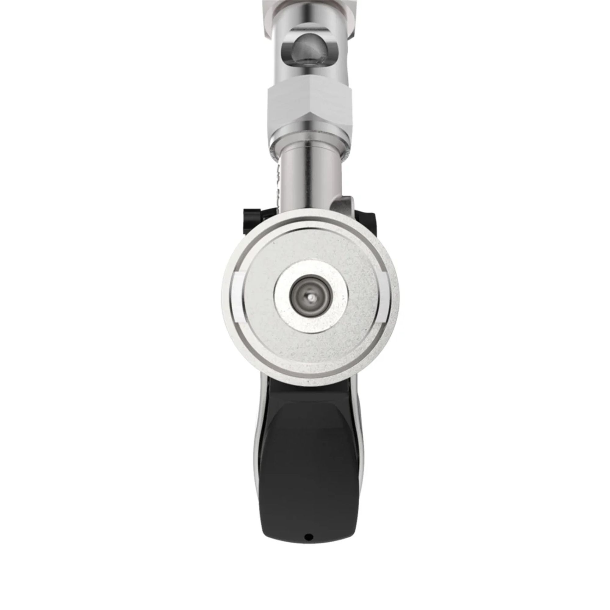 A silver beer tap with a black handle, shown from the front.