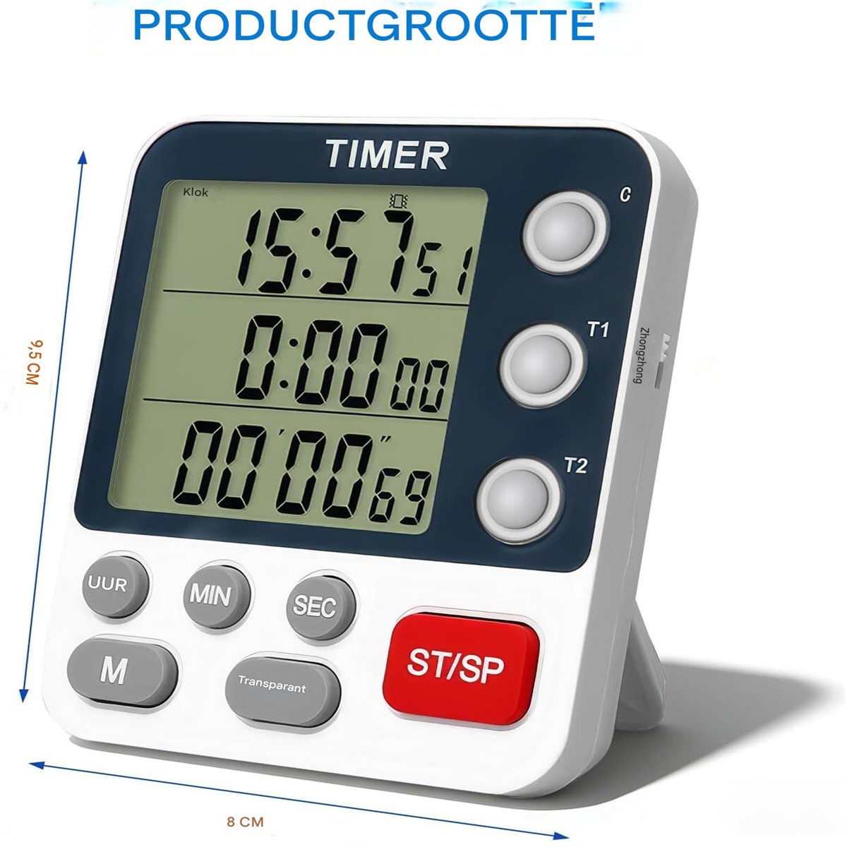 Ein digitaler Timer mit drei Zeitanzeigen und Bedientasten.