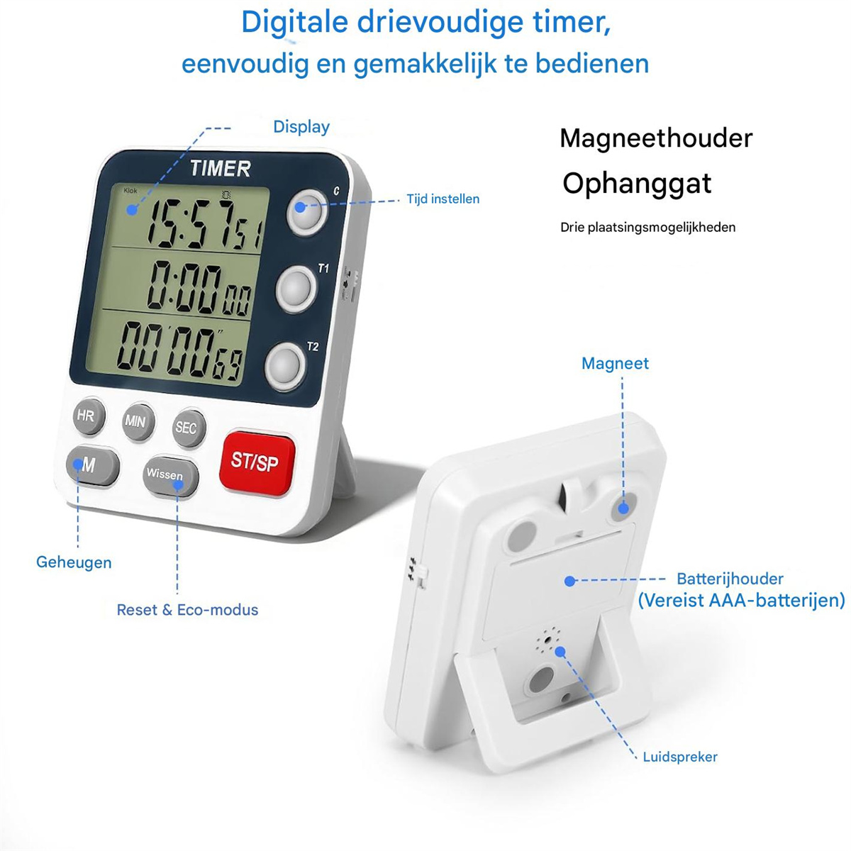 Digitaler Dreifach-Timer mit Display, Tasten und Magnetrückseite.