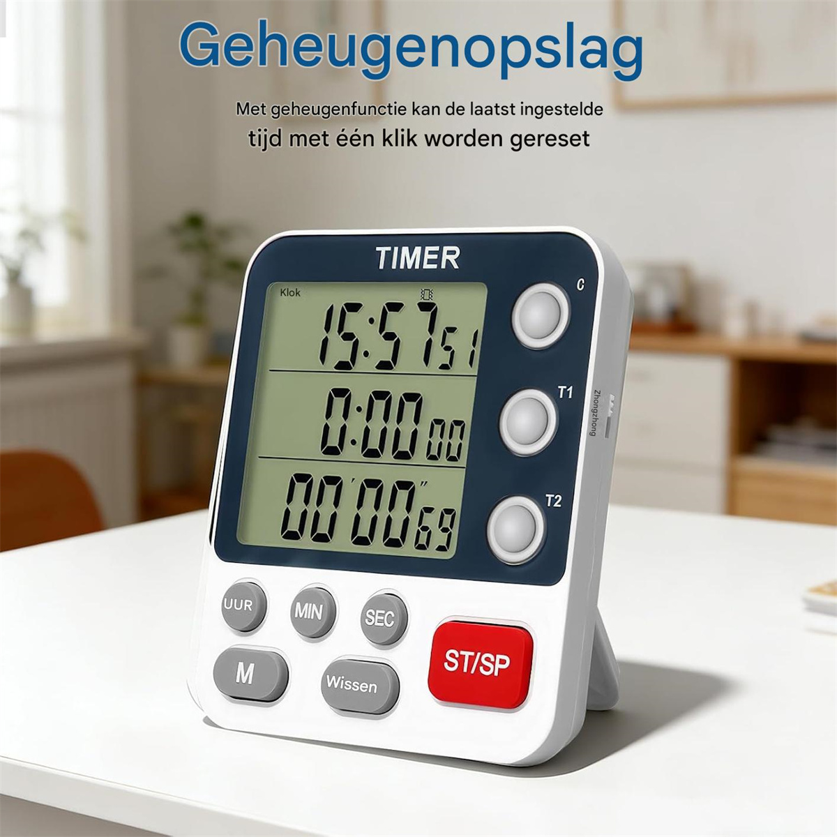 Ein digitaler Timer mit großem Bildschirm und mehreren Tasten. Zeigt 15:57:51 an.