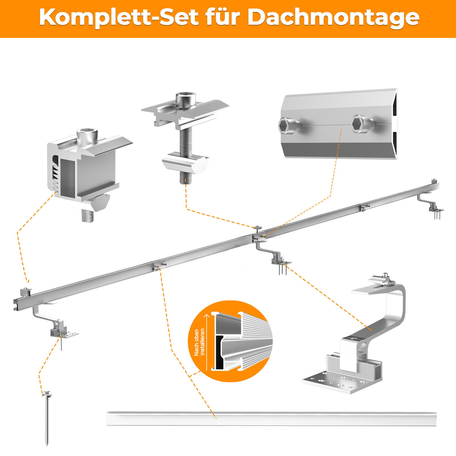 Montagesystem für Dachmontage mit Schienen, Klemmen und Haken.