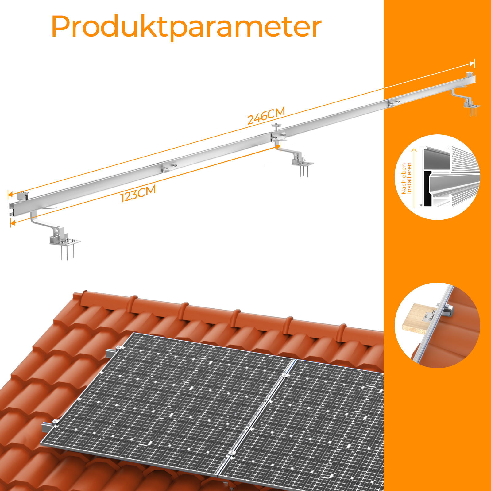 Solarpanel-Montagesystem auf einem Ziegeldach mit Maßangaben.