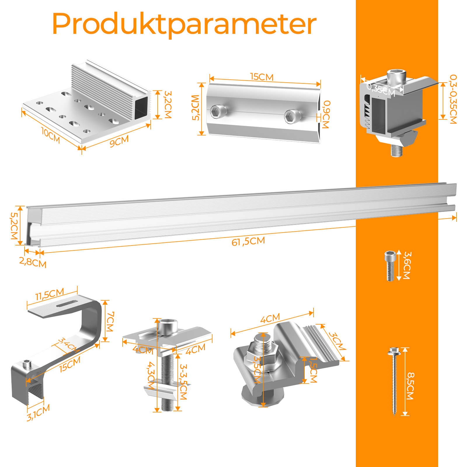 Diagramm mit Aluminiumprofilen und Befestigungselementen, mit Maßen.