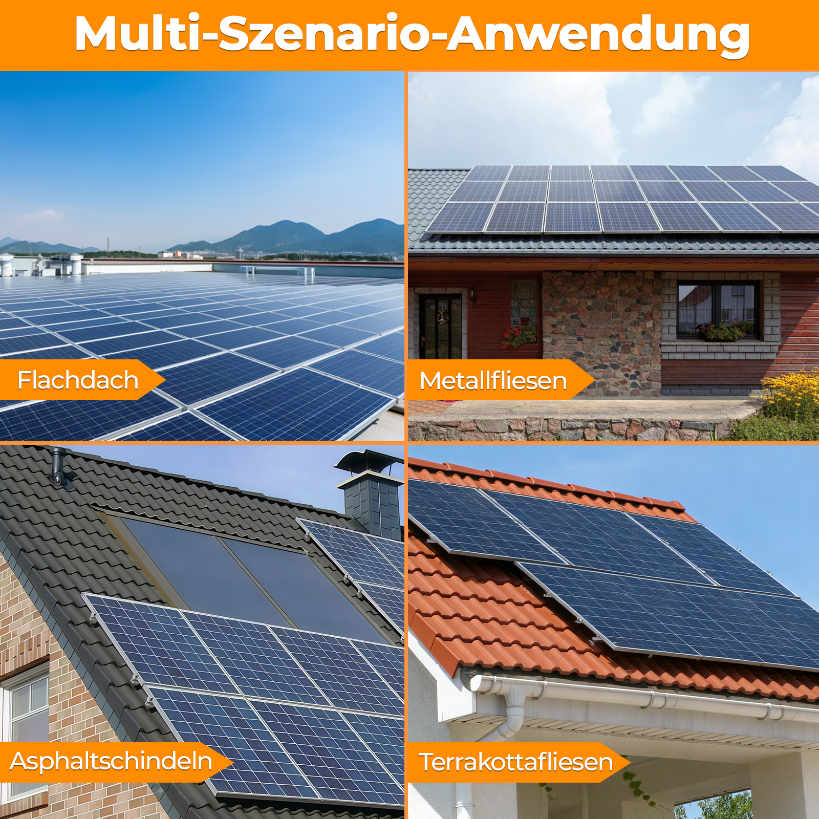 Vier Szenarien mit Solarmodulen auf verschiedenen Dächern: Flachdach, Metallziegel, Asphaltschindeln, Terrakotta.